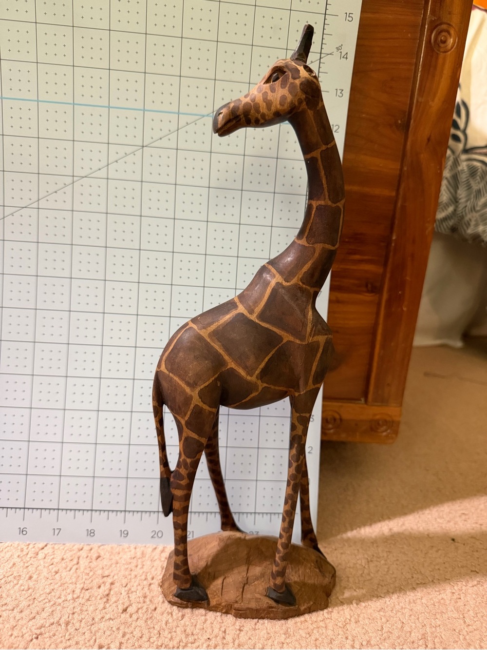 Hand Carved Wood Giraffe Figurine 13.2” Tall Safari Folk Art African Style Decor